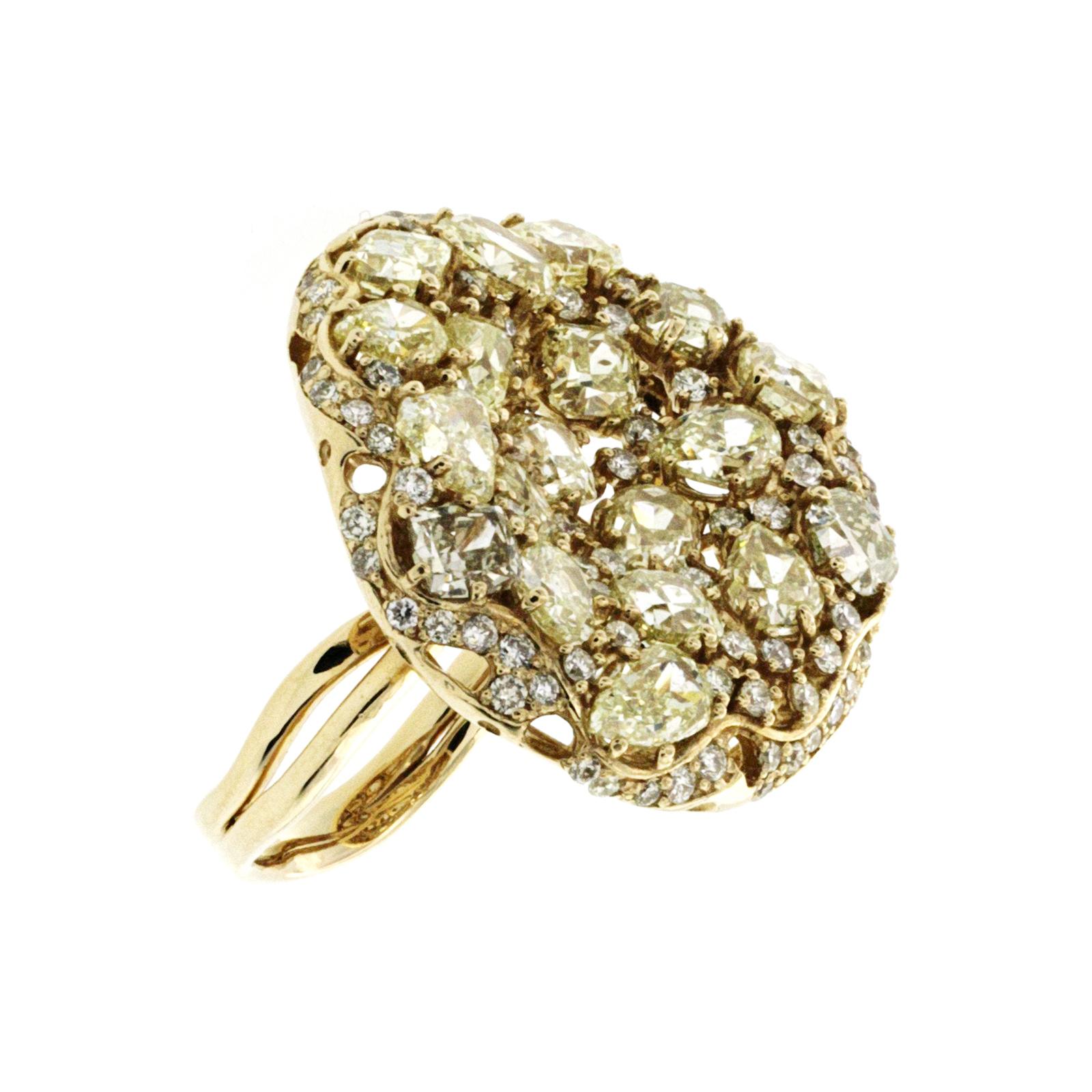 9.60 Carat Multi Shape and Color Yellow Diamonds 14 Karat Gold Cocktail Ring For Sale 1