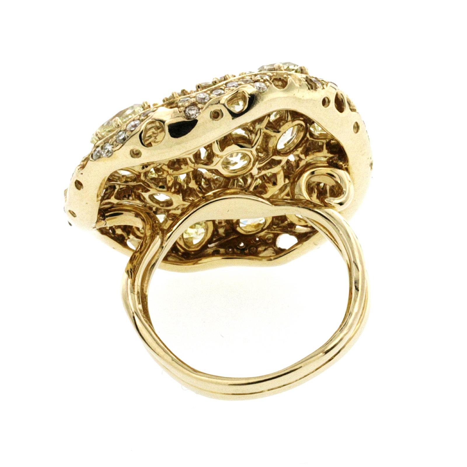 9.60 Carat Multi Shape and Color Yellow Diamonds 14 Karat Gold Cocktail Ring For Sale 2