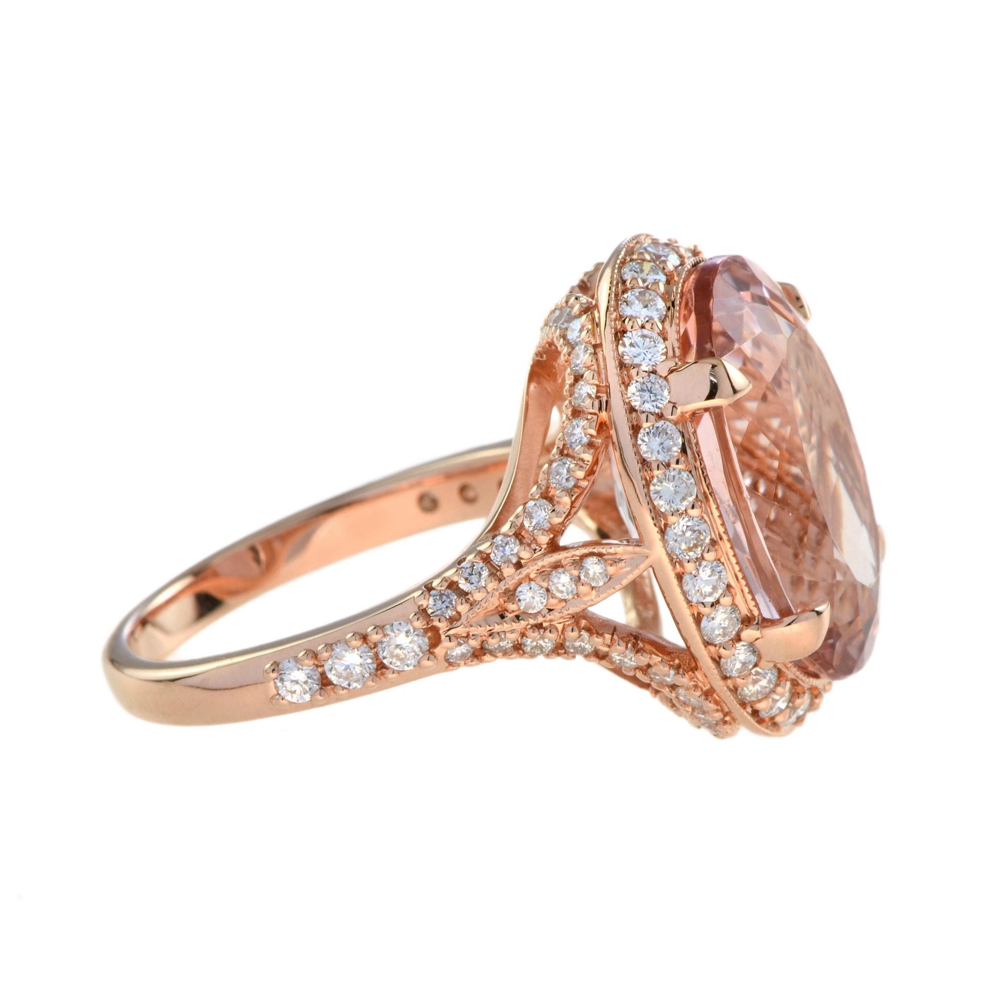 9.60 ct. Oval Pink Peach Morganite & Diamond Accent Cocktail 18K Rose Gold Ring (Ovalschliff) im Angebot