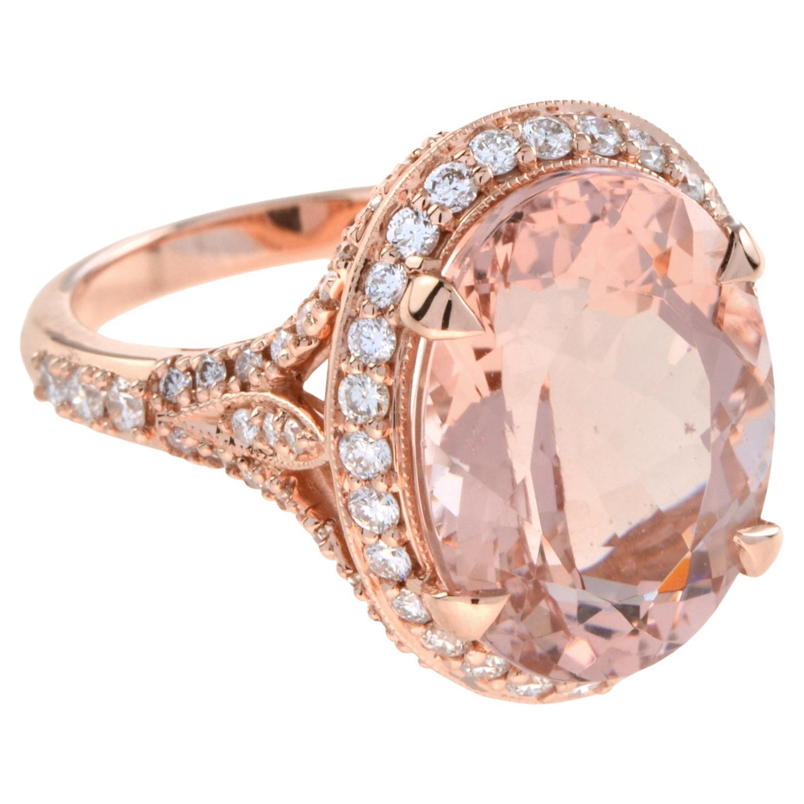 9.60 ct. Oval Pink Peach Morganite & Diamond Accent Cocktail 18K Rose Gold Ring im Angebot