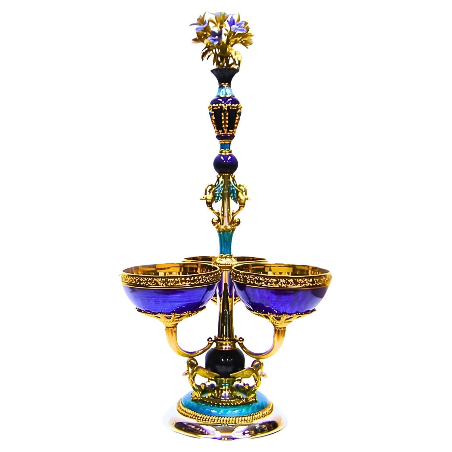 960 Silver Centerpiece with 24K Gilt, Guilloché Hot Enamel and Lapis Lazuli