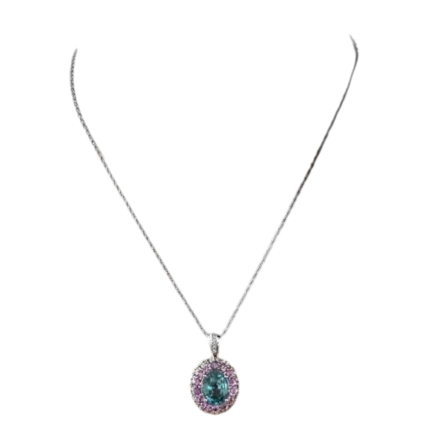 Collier en or blanc massif 14K de 9,60 ct de zircon naturel, saphir rose et diamant Neuf - En vente à Los Angeles, CA