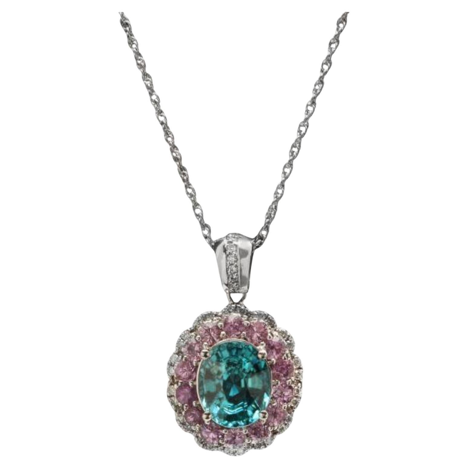 9.60Ct Natural Zircon, Pink Sapphire & Diamond 14K Solid White Gold Necklace