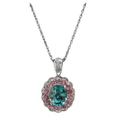 9.60Ct Natural Zircon, Pink Sapphire & Diamond 14K Solid White Gold Necklace