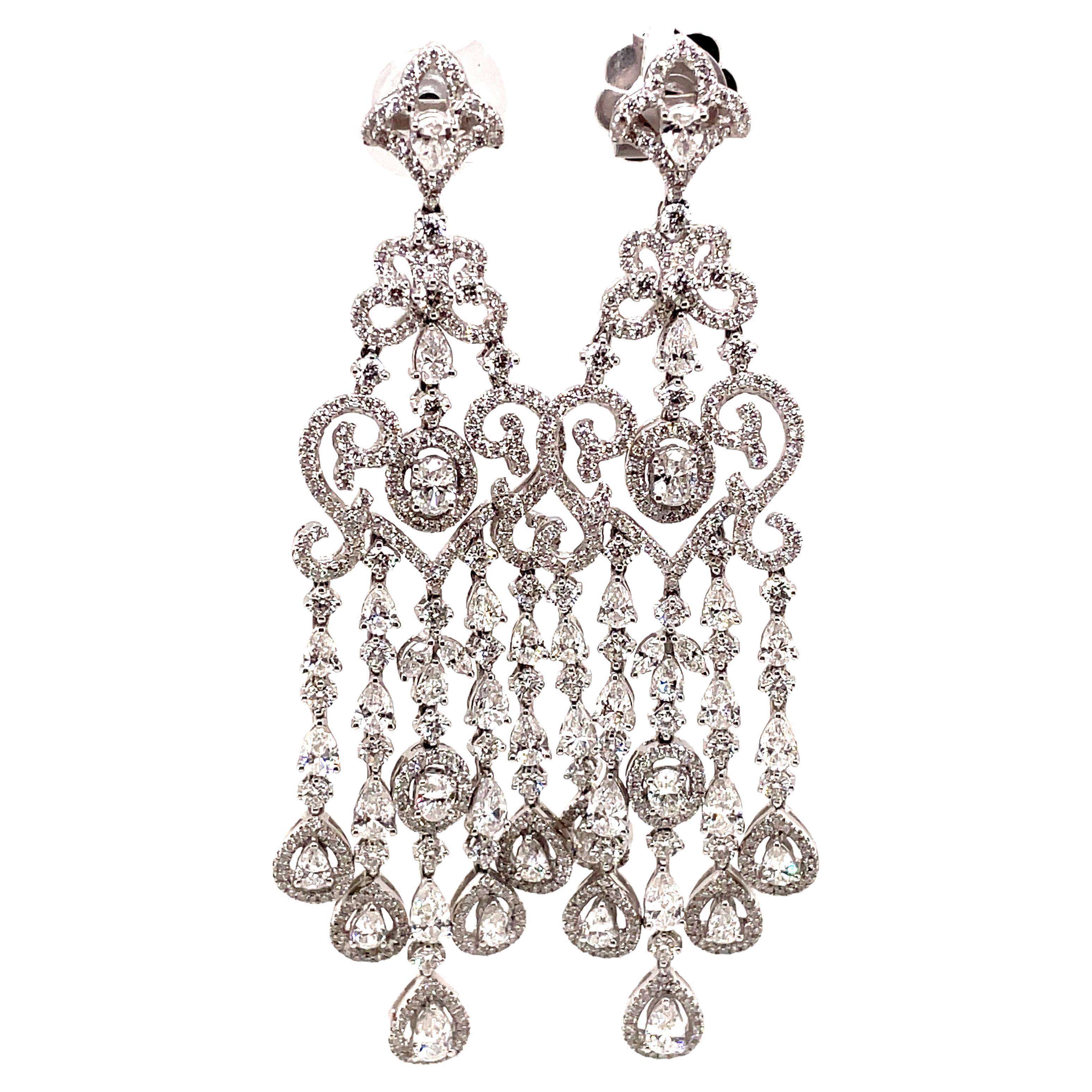 9.60ct Oval, Pear, Round, & Marques Diamond Chandelier Earrings 18k White Gold For Sale