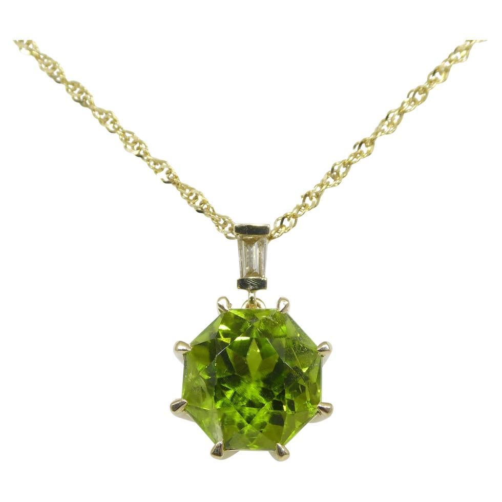 9.60ct Peridot, Diamond Pendant and Chain Necklace set in 14k Yellow Gold For Sale