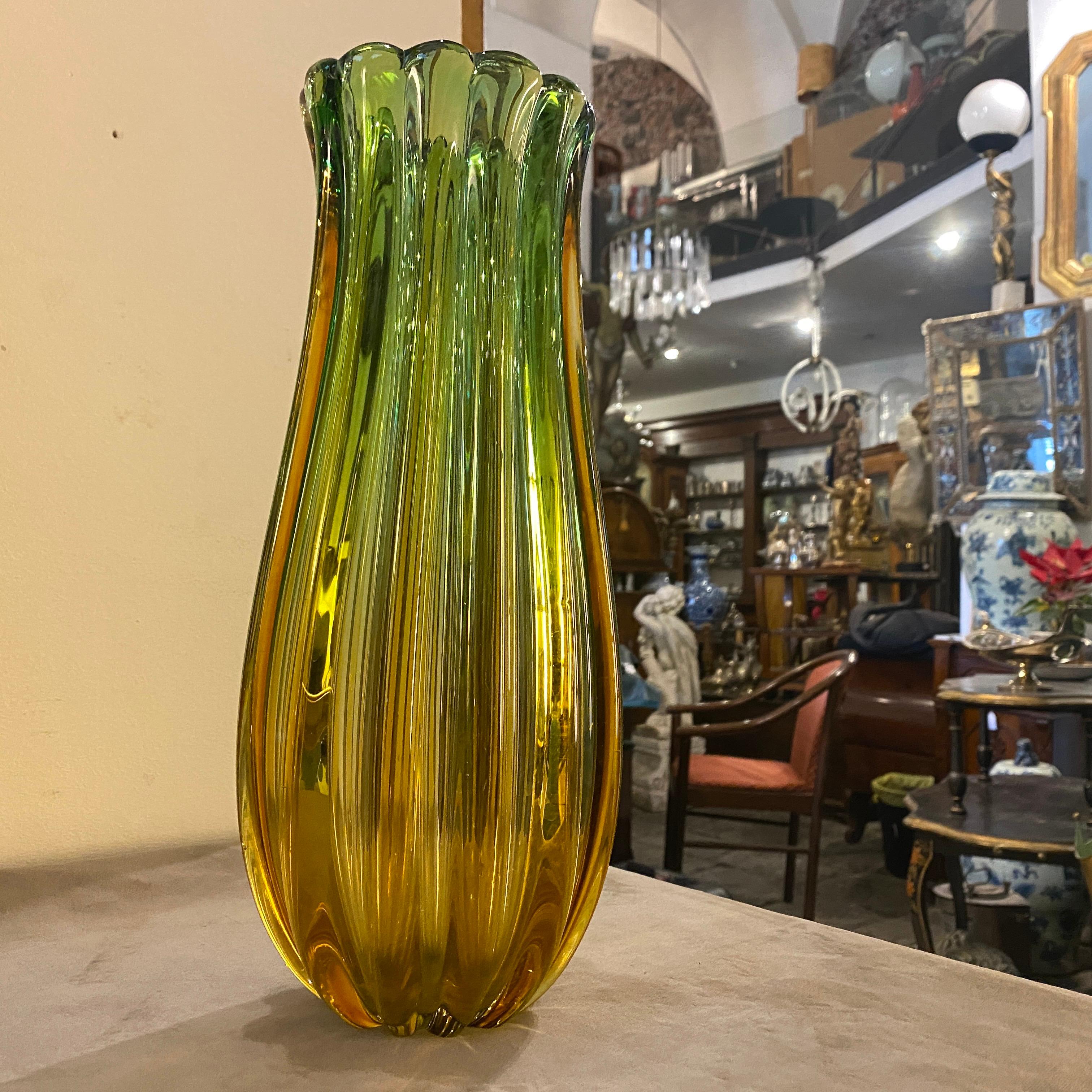 Italian 1960s Mid-Century Modern Green and Yellow Murano Glass Vase by Seguso