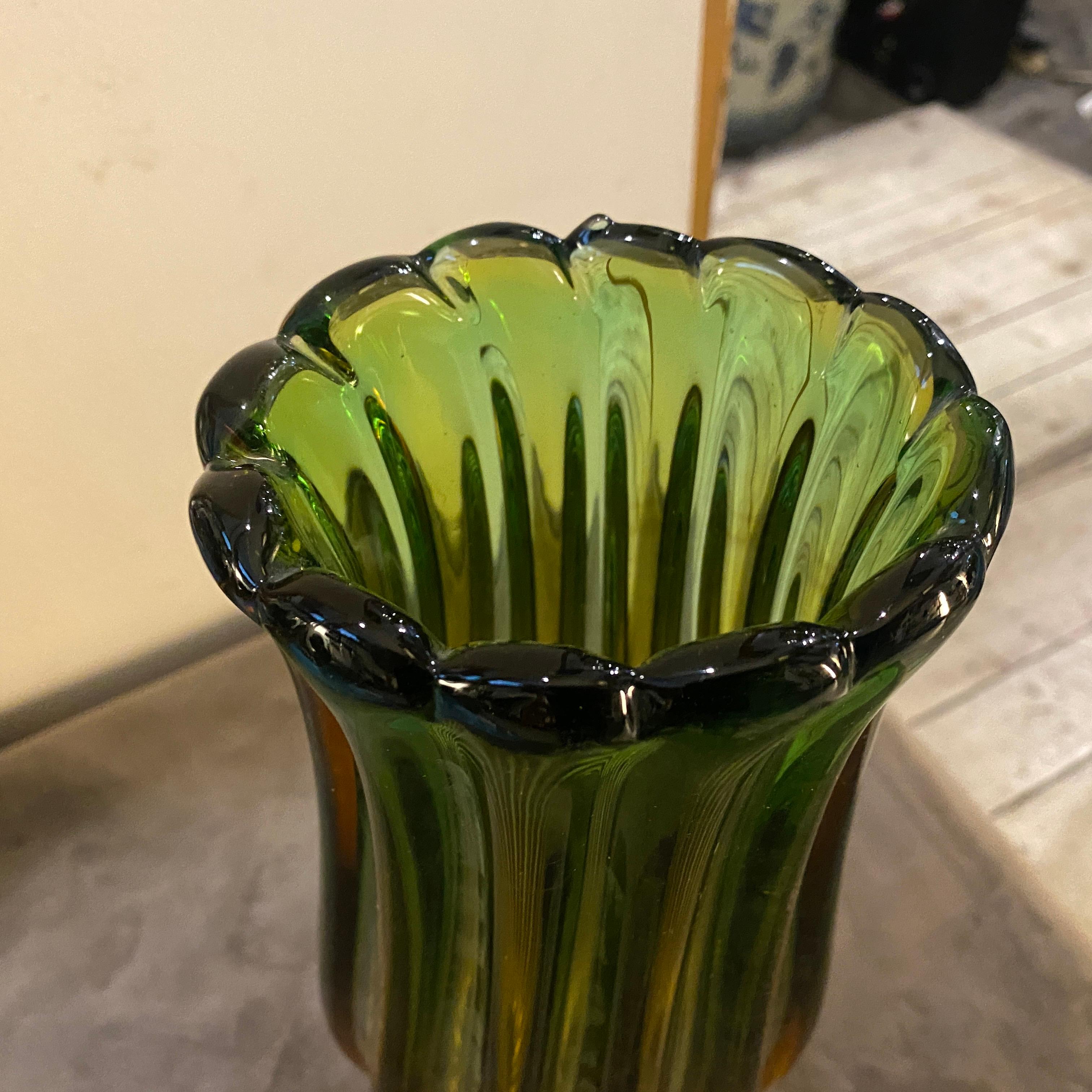 20th Century 1960s Mid-Century Modern Green and Yellow Murano Glass Vase by Seguso