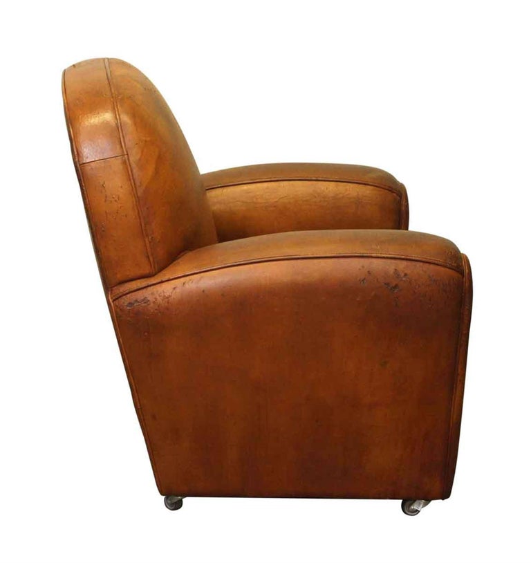 1960s Rolling French Brown Leather Club Chair with Rounded Back at 1stDibs