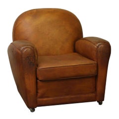 1960s Rolling French Brown Leather Club Chair with Rounded Back
