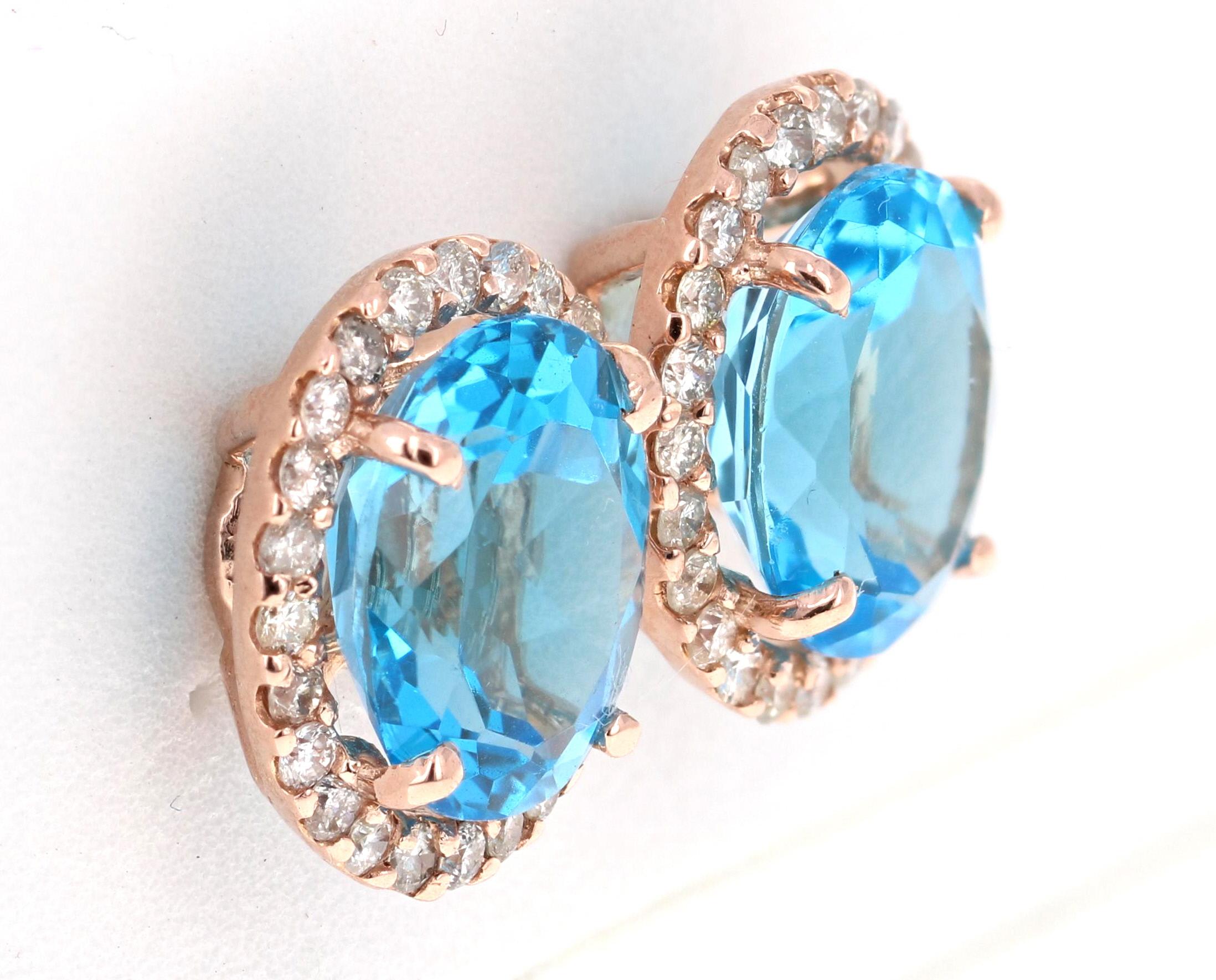 Modern 9.61 Carat Blue Topaz and Diamond 14 Karat Rose Gold Stud Earrings