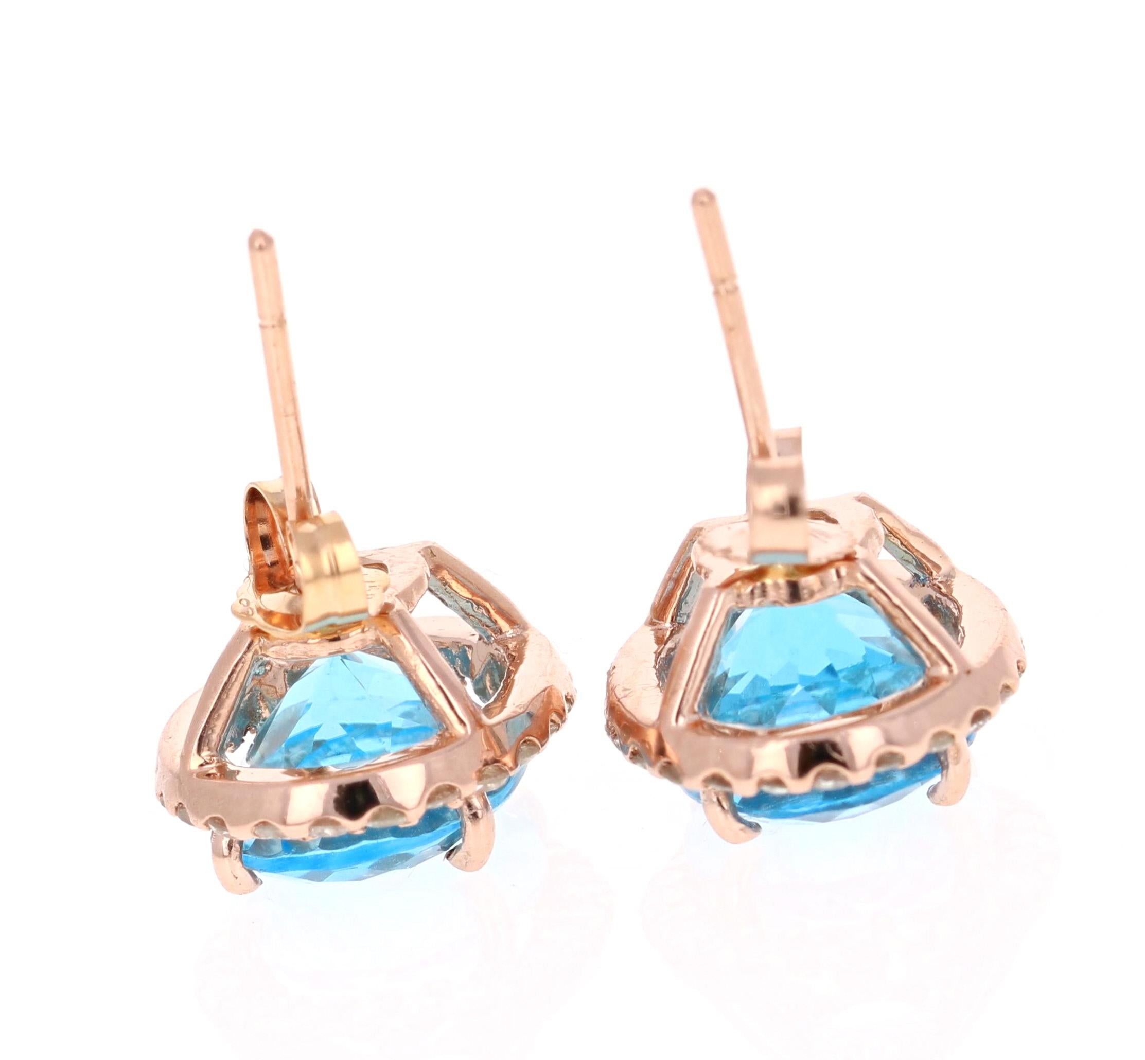 Oval Cut 9.61 Carat Blue Topaz and Diamond 14 Karat Rose Gold Stud Earrings