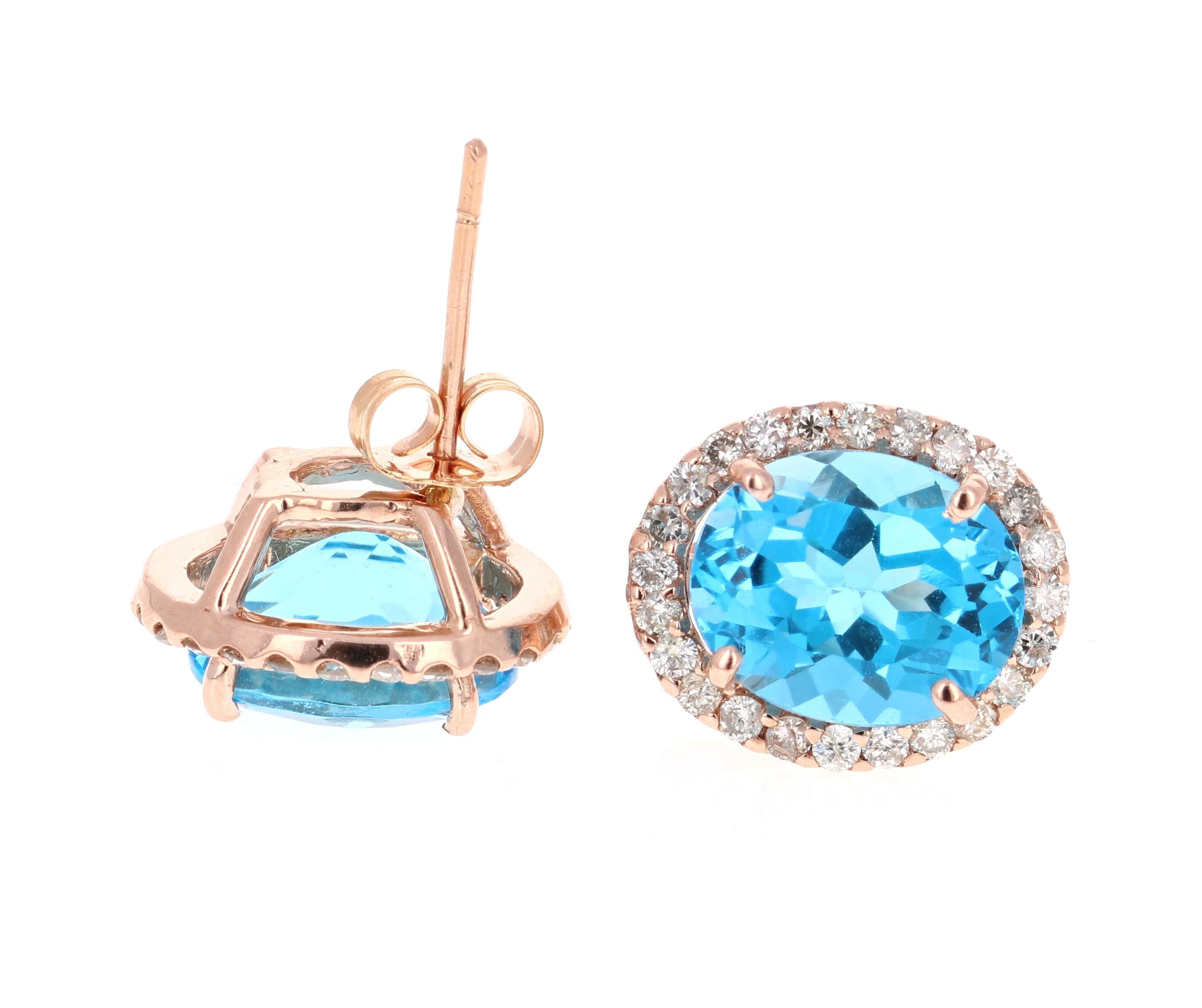 9.61 Carat Blue Topaz and Diamond 14 Karat Rose Gold Stud Earrings In New Condition In Los Angeles, CA