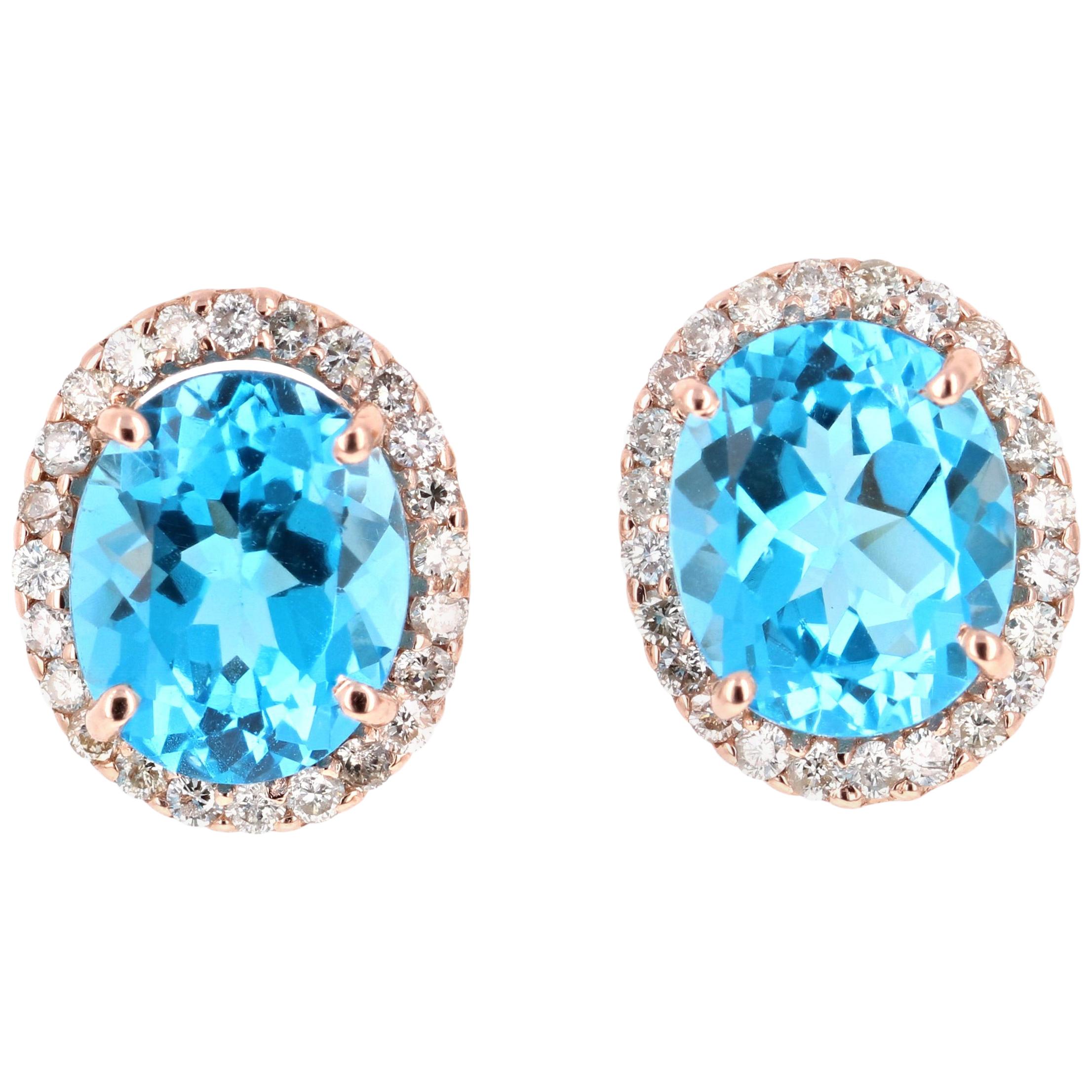 9.61 Carat Blue Topaz and Diamond 14 Karat Rose Gold Stud Earrings