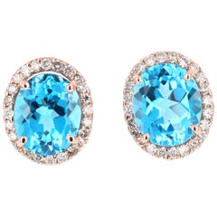 9.61 Carat Blue Topaz and Diamond 14 Karat Rose Gold Stud Earrings