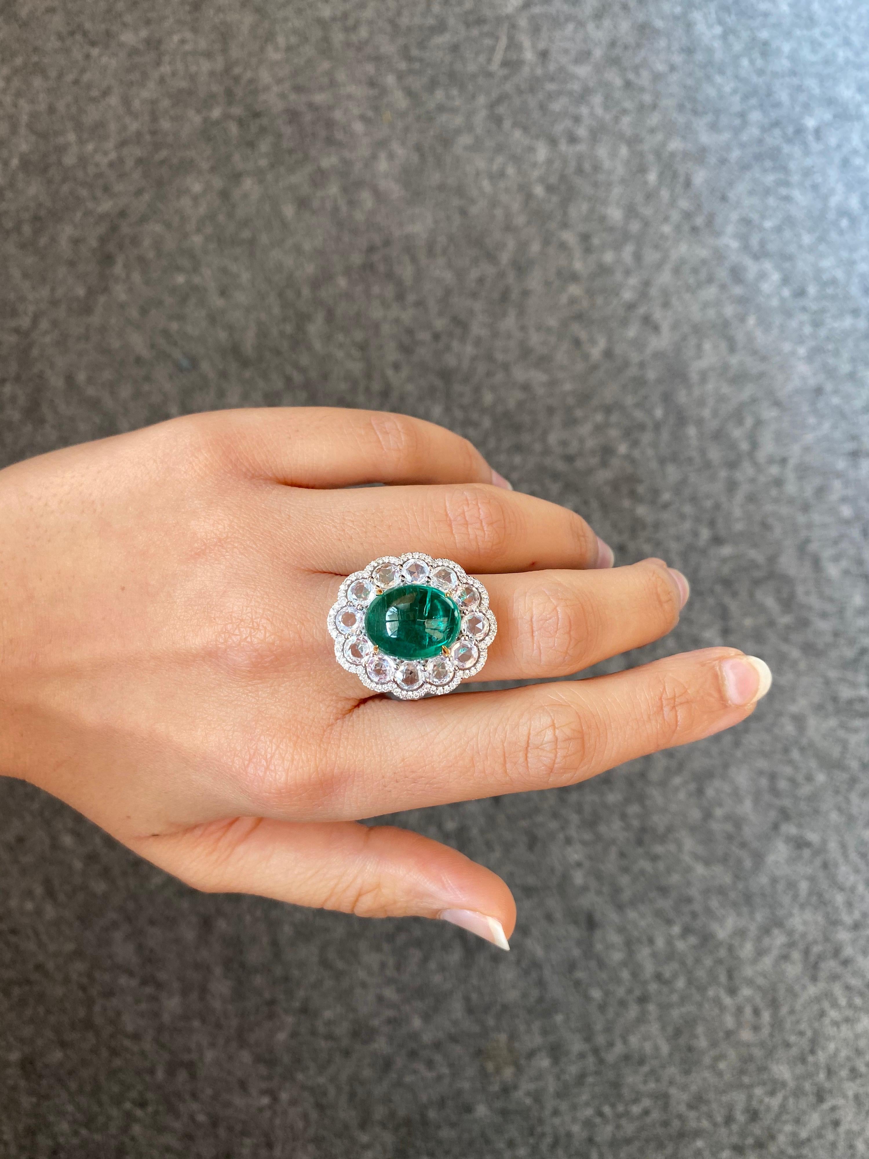 Art Deco 9.61 Carat Cabochon Emerald and Diamond Cocktail Engagement Ring