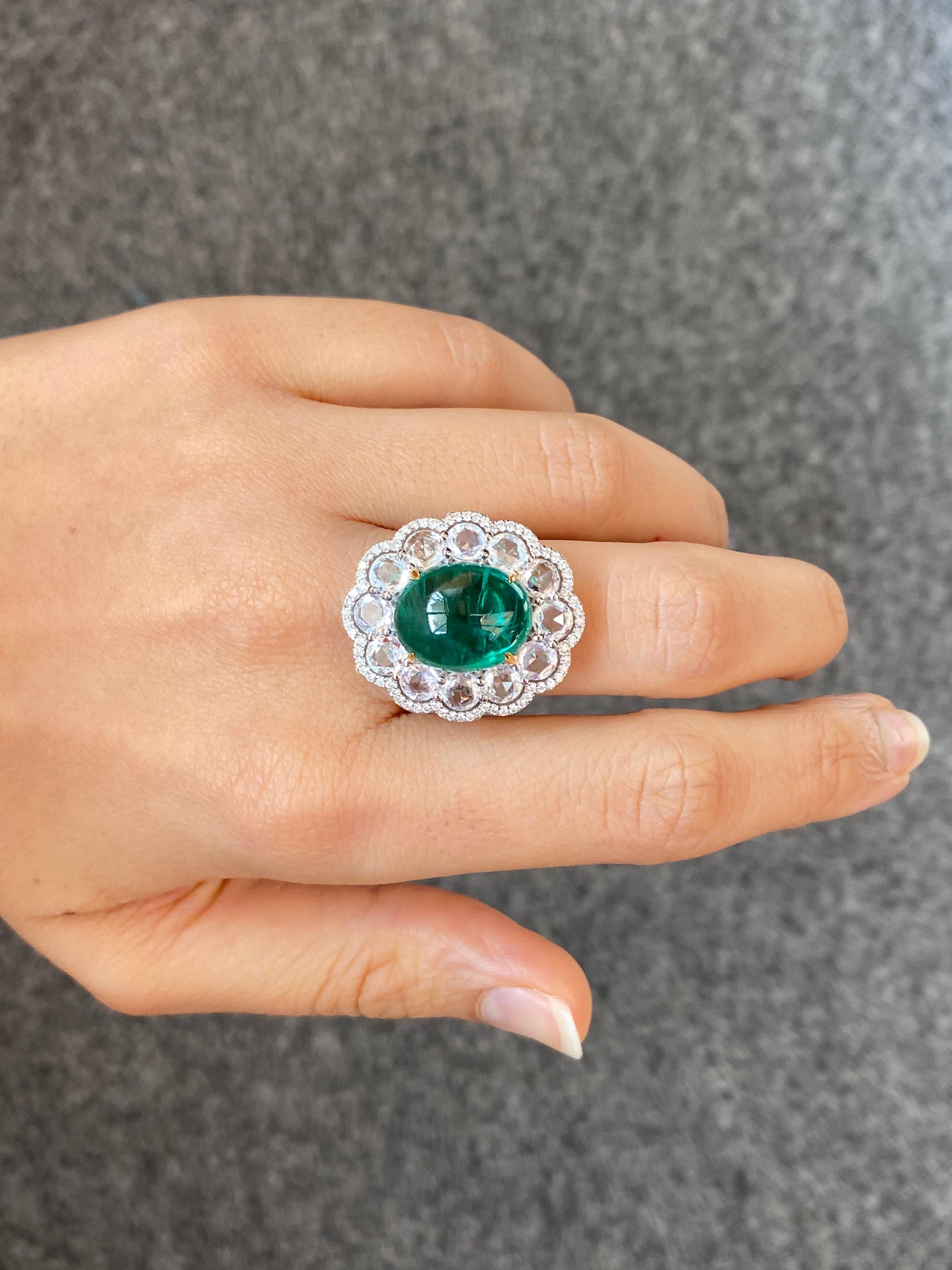 Women's 9.61 Carat Cabochon Emerald and Diamond Cocktail Engagement Ring