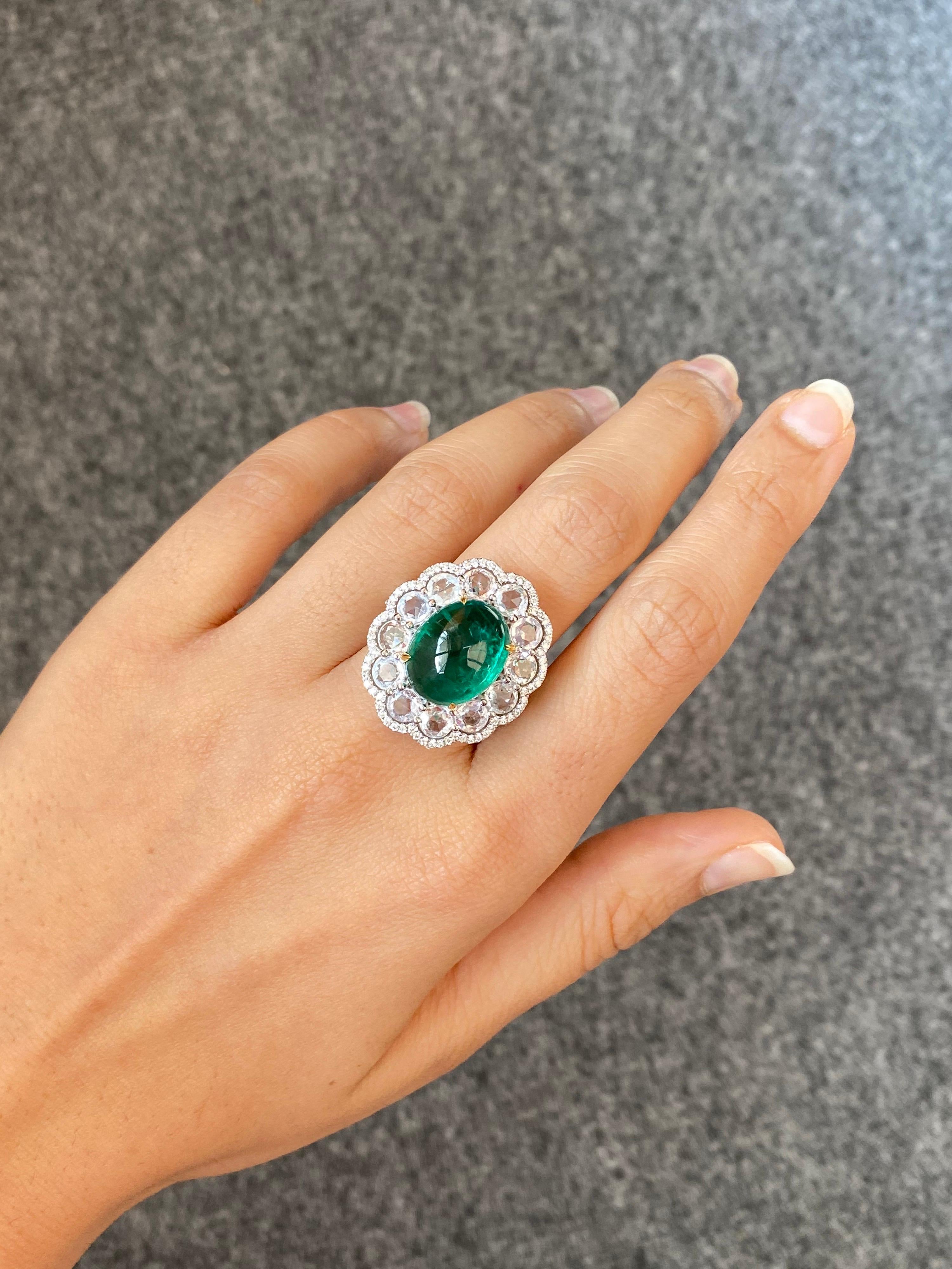 9.61 Carat Cabochon Emerald and Diamond Cocktail Engagement Ring 1