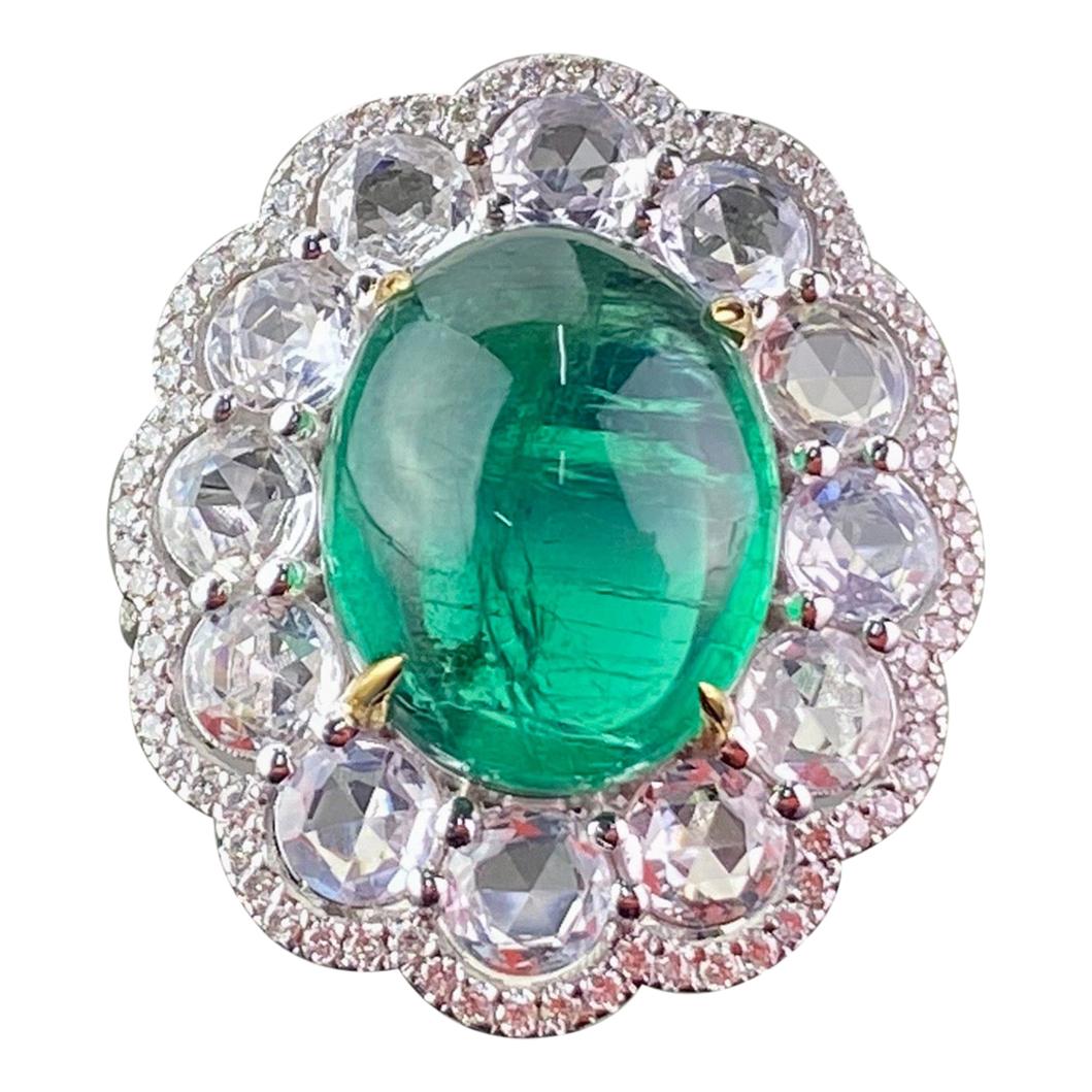 9.61 Carat Cabochon Emerald and Diamond Cocktail Engagement Ring