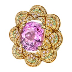 9.61 ct. Kunzite, Tsavorite Garnet, Diamond 18k Yellow Gold Dome Cocktail Ring