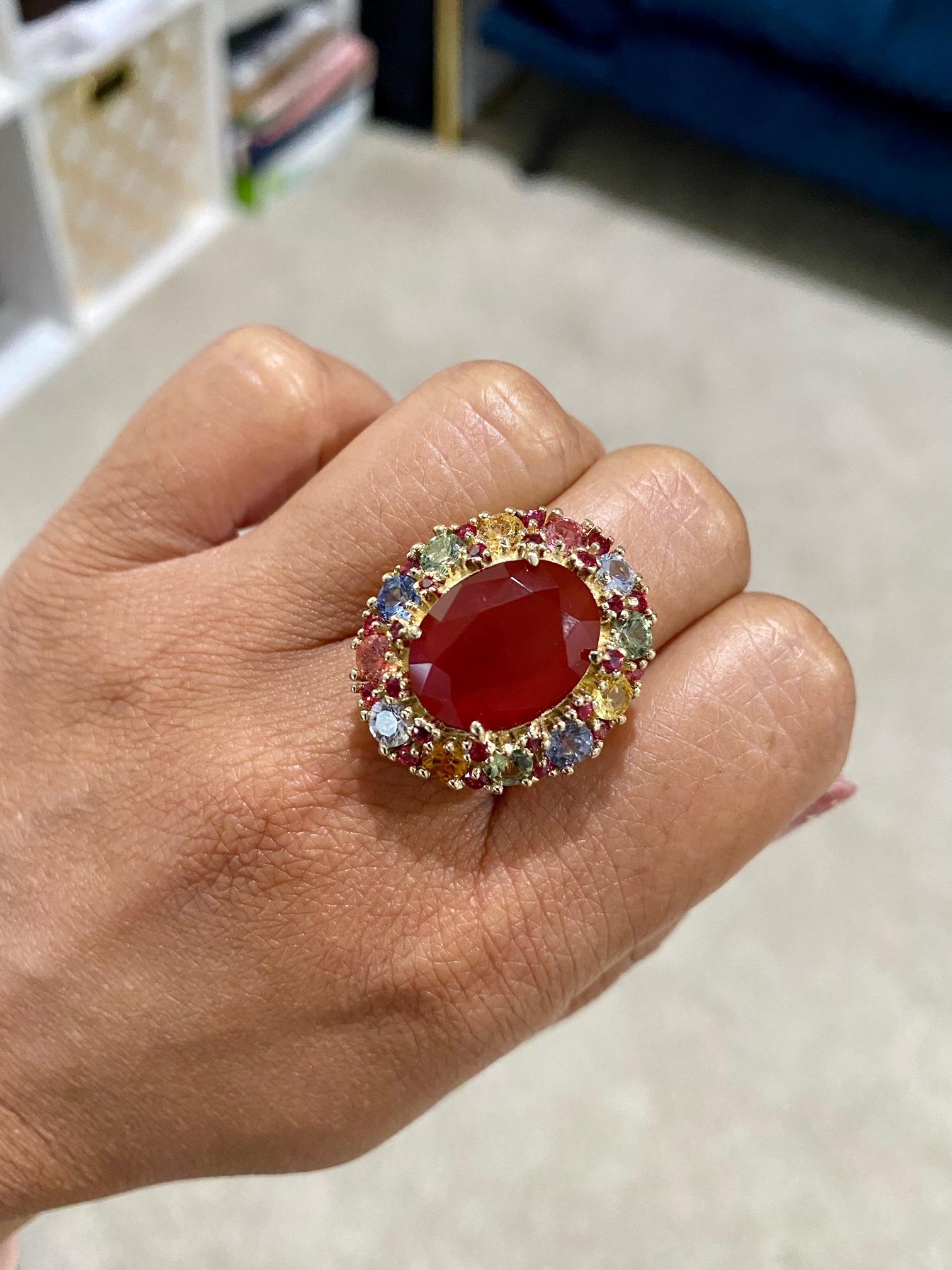 9.61 Carat Natural Fire Opal Multi Color Sapphire Yellow Gold Ring For Sale 3