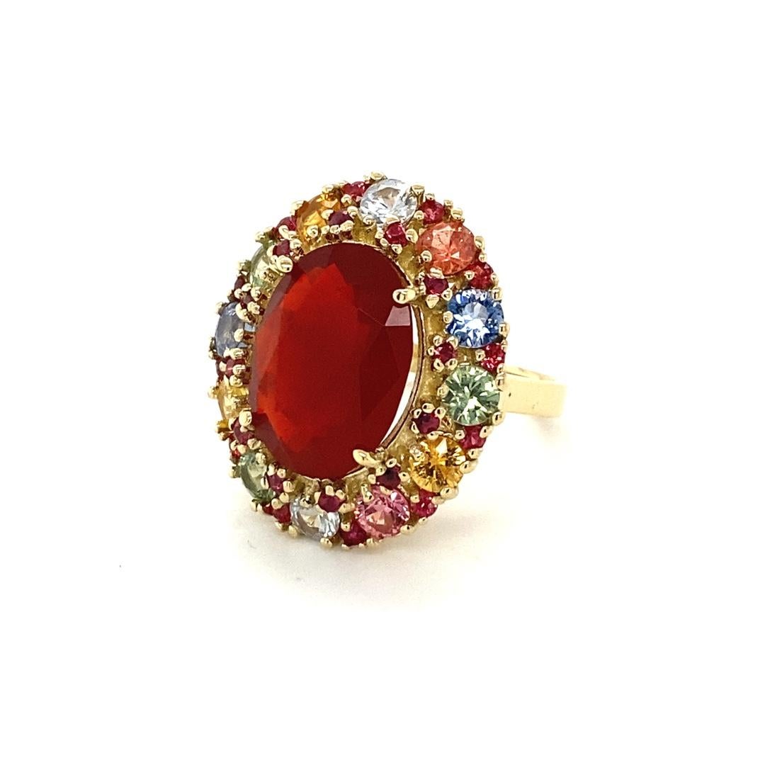 Oval Cut 9.61 Carat Natural Fire Opal Multi Color Sapphire Yellow Gold Ring For Sale