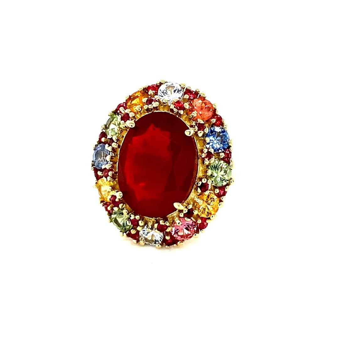 9.61 Carat Natural Fire Opal Multi Color Sapphire Yellow Gold Ring In New Condition For Sale In Los Angeles, CA