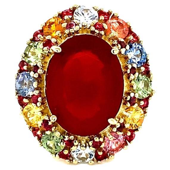 9.61 Carat Natural Fire Opal Multi Color Sapphire Yellow Gold Ring
