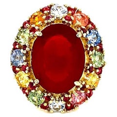 9.61 Carat Natural Fire Opal Multi Color Sapphire Yellow Gold Ring