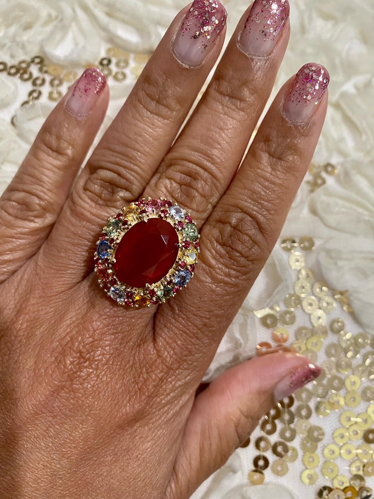 9.61 Carat Natural Fire Opal Multi Color Sapphire Yellow Gold Ring For Sale 4