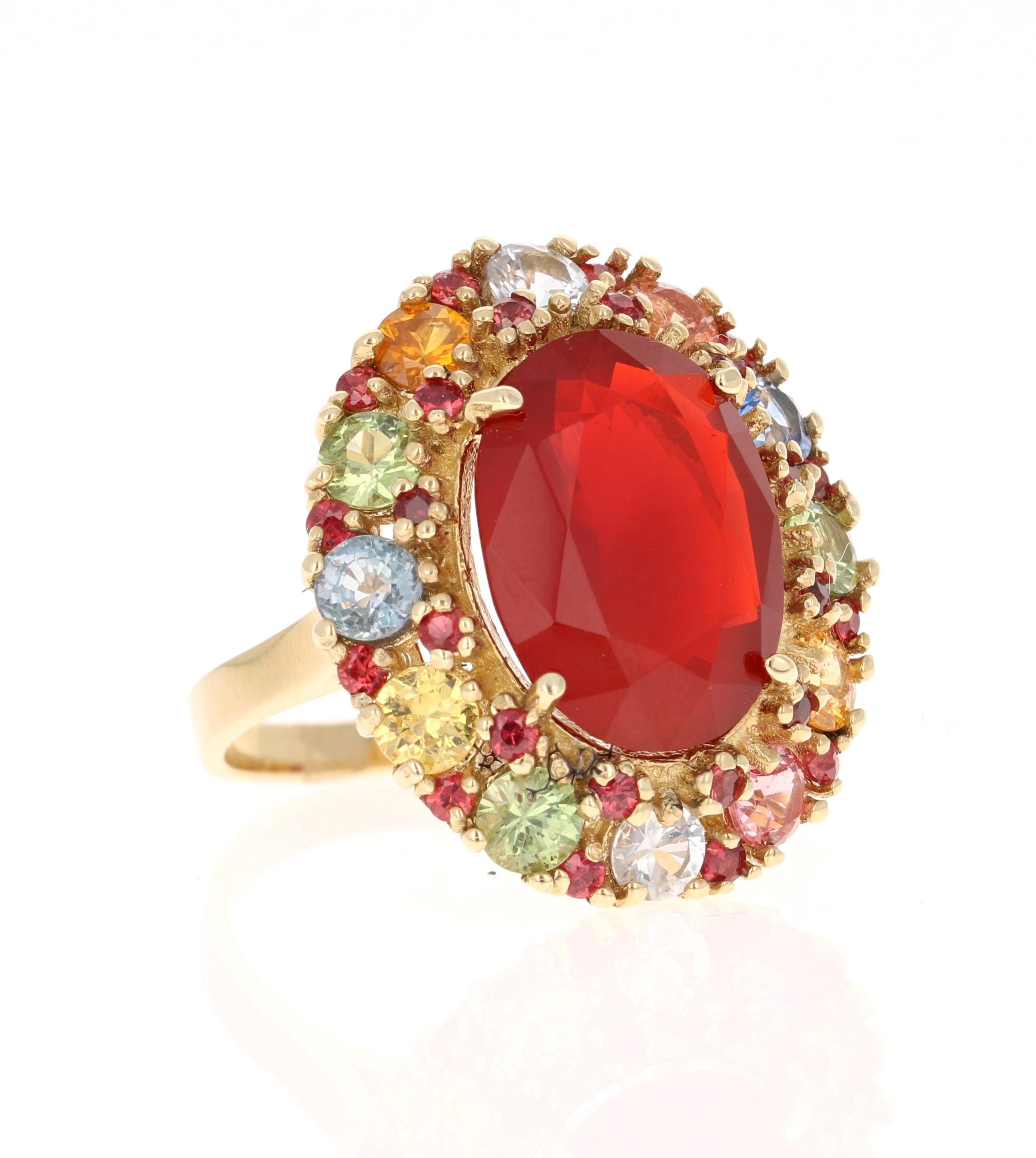 Contemporary 9.61 Carat Natural Fire Opal Multi Color Sapphire Yellow Gold Ring For Sale