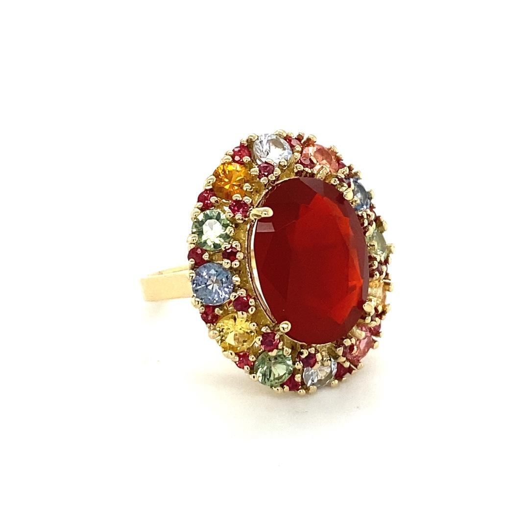 9.61 Carat Natural Fire Opal Multi Color Sapphire Yellow Gold Ring In New Condition For Sale In Los Angeles, CA