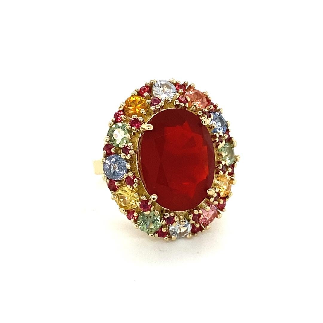 Women's 9.61 Carat Natural Fire Opal Multi Color Sapphire Yellow Gold Ring For Sale