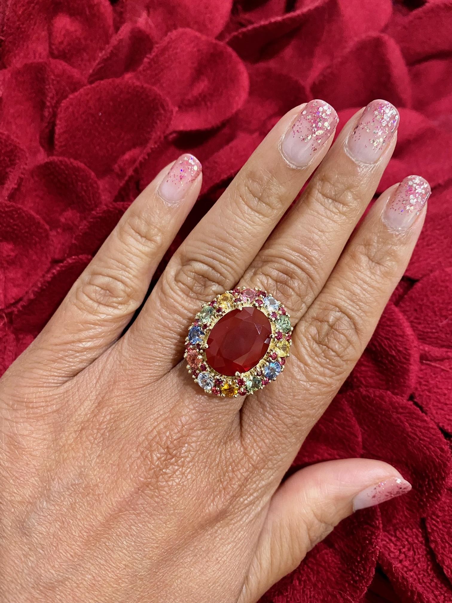 9.61 Carat Natural Fire Opal Multi Color Sapphire Yellow Gold Ring For Sale 3