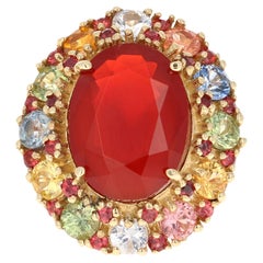 Bague en or jaune avec opale de feu naturelle de 9,61 carats et saphirs multicolores