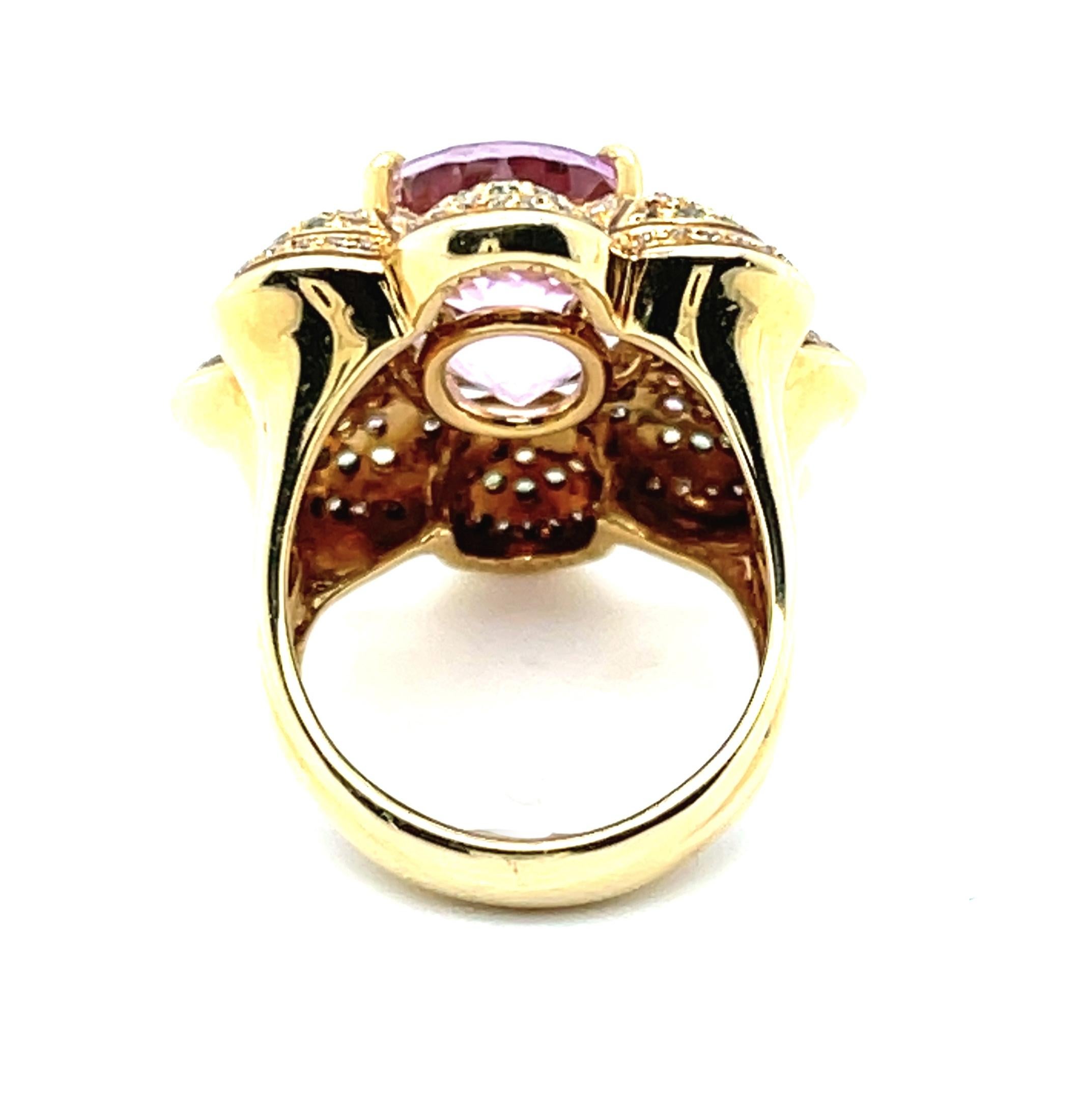 9.61 ct. Kunzite, Tsavorite Garnet, Diamond 18k Yellow Gold Dome Cocktail Ring In New Condition In Los Angeles, CA