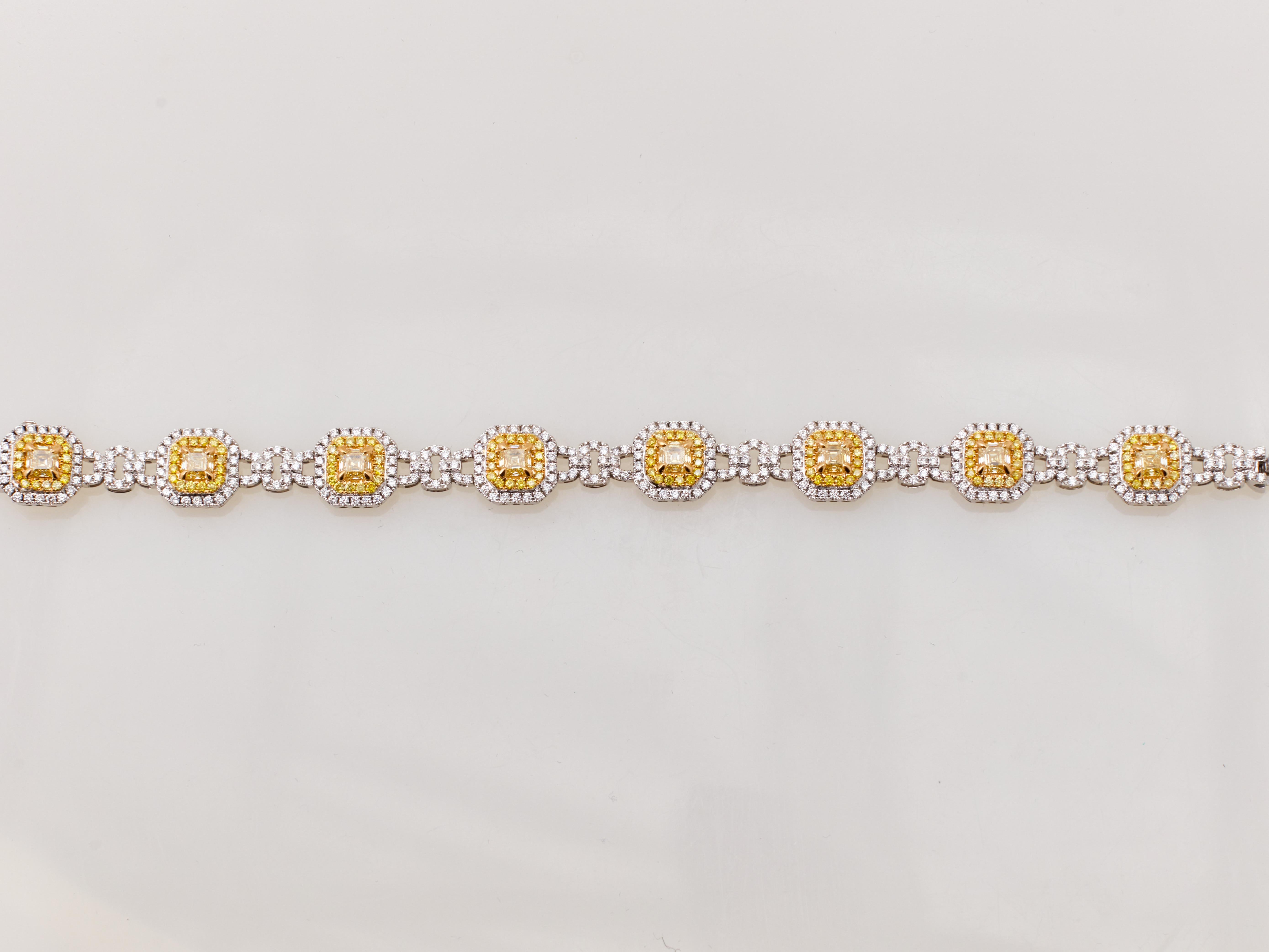 Contemporary 9.62 Carat Asscher Cut Fancy Yellow and White Diamond Bracelet, 18K White Gold For Sale