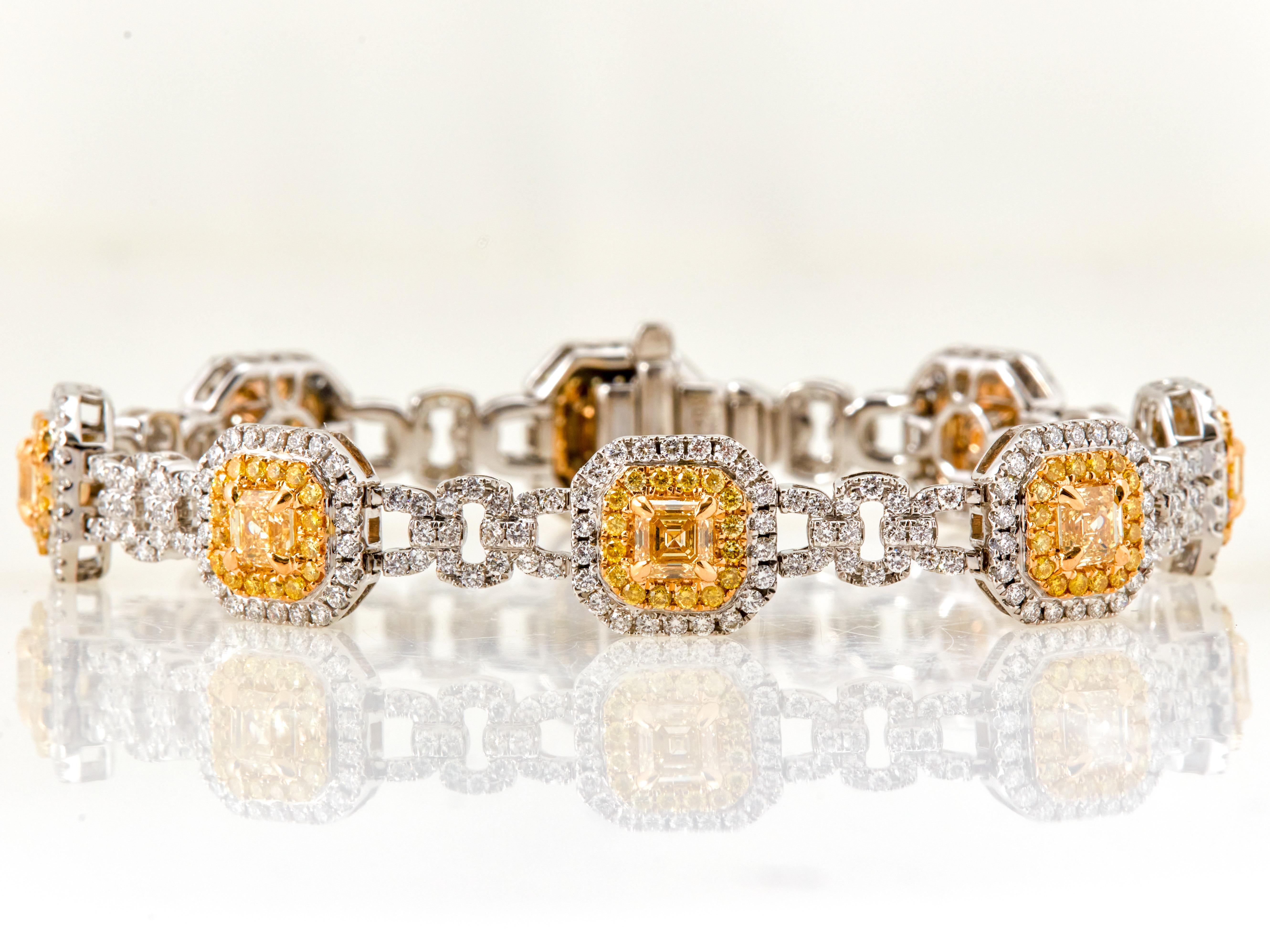 9.62 Carat Asscher Cut Fancy Yellow and White Diamond Bracelet, 18K White Gold In New Condition For Sale In New York, NY