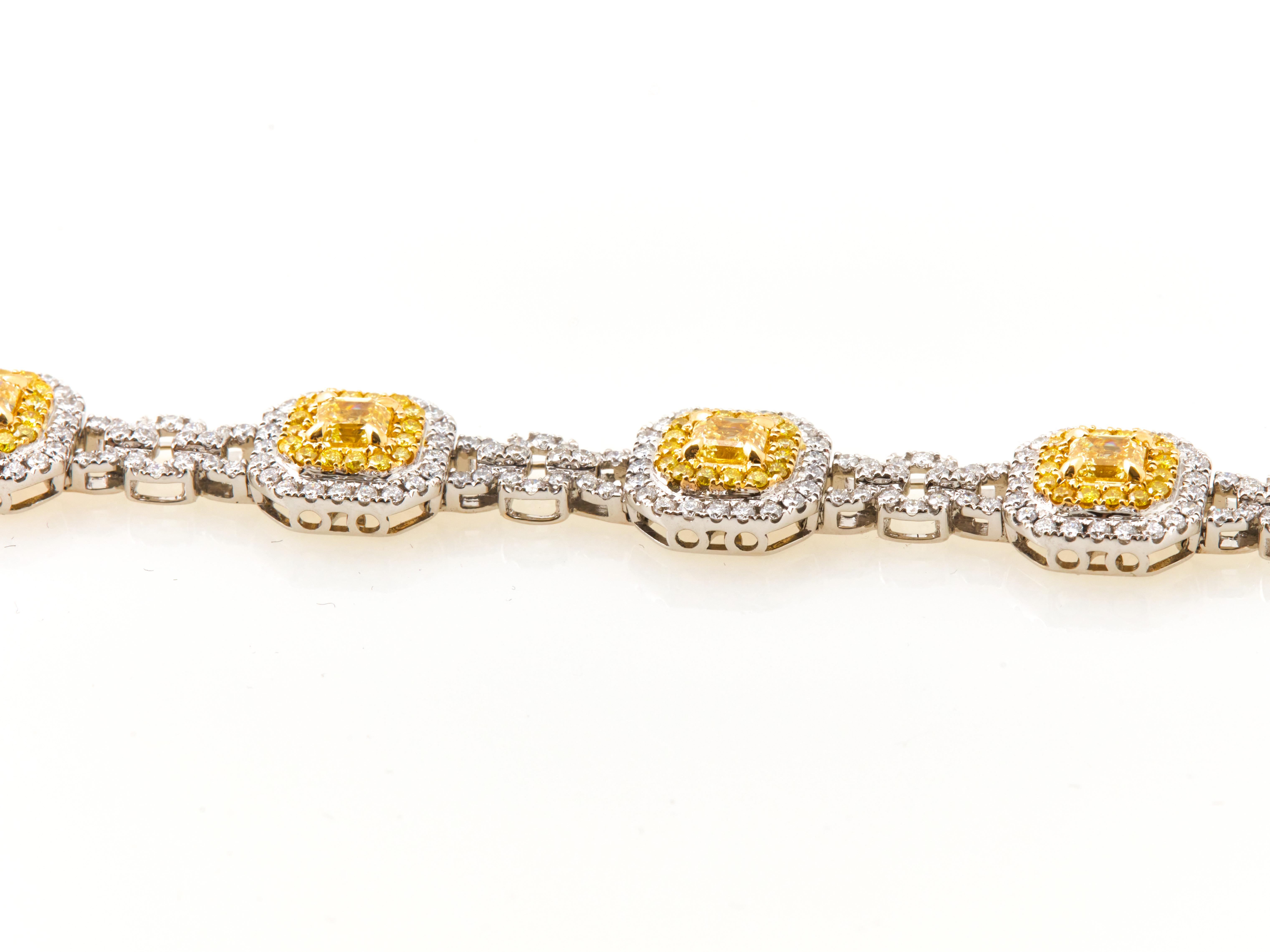 Women's or Men's 9.62 Carat Asscher Cut Fancy Yellow and White Diamond Bracelet, 18K White Gold For Sale