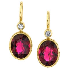 Rubellite Tourmaline & Diamond Drop Earrings in Yellow Gold, 9.62 Carats