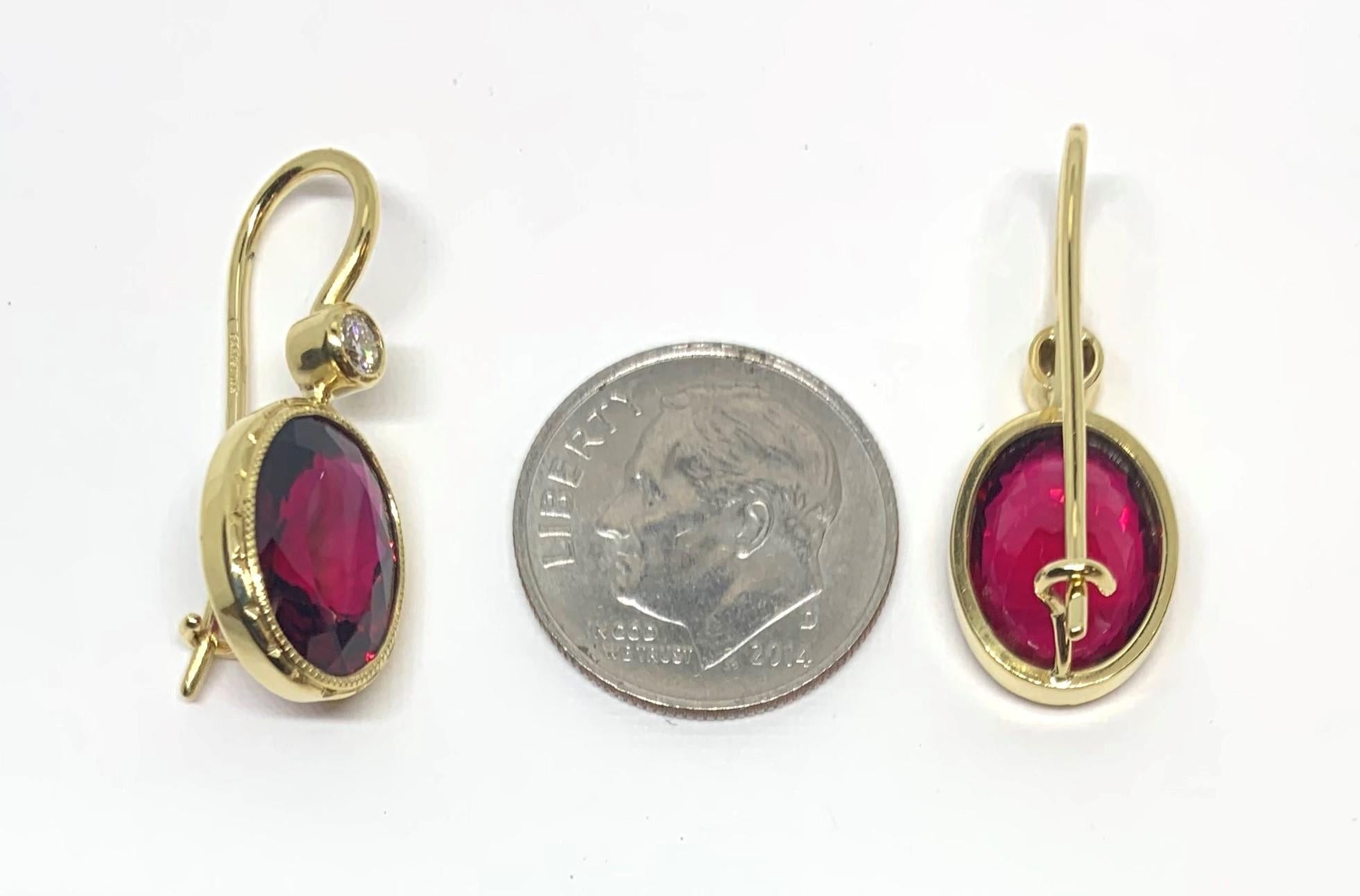 Rubellite Tourmaline & Diamond Drop Earrings in Yellow Gold, 9.62 Carats For Sale 2