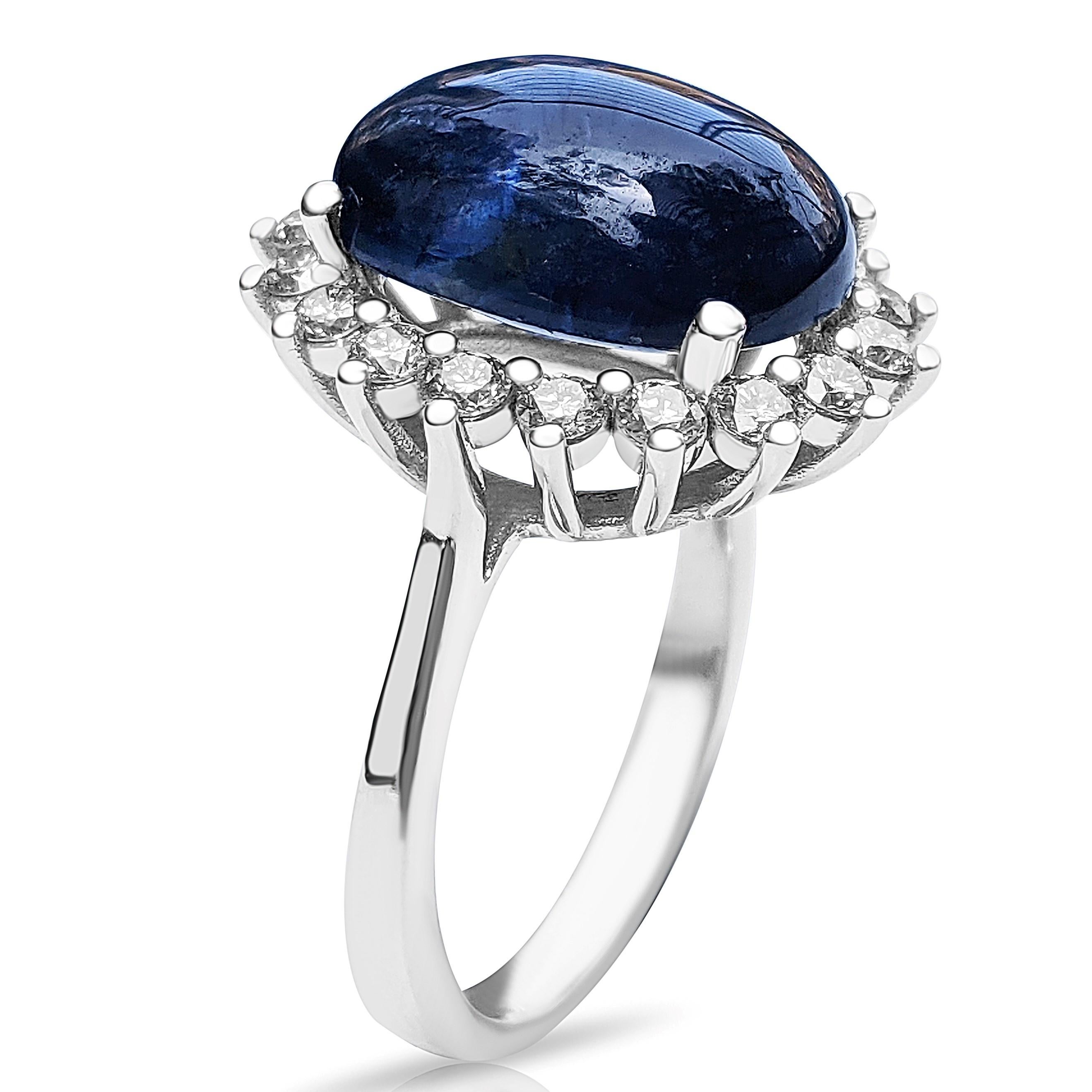Art Deco 9.62 Carat Blue Sapphire and 0.70 Ct Diamonds Ring, 14 Kt, White Gold, Ring