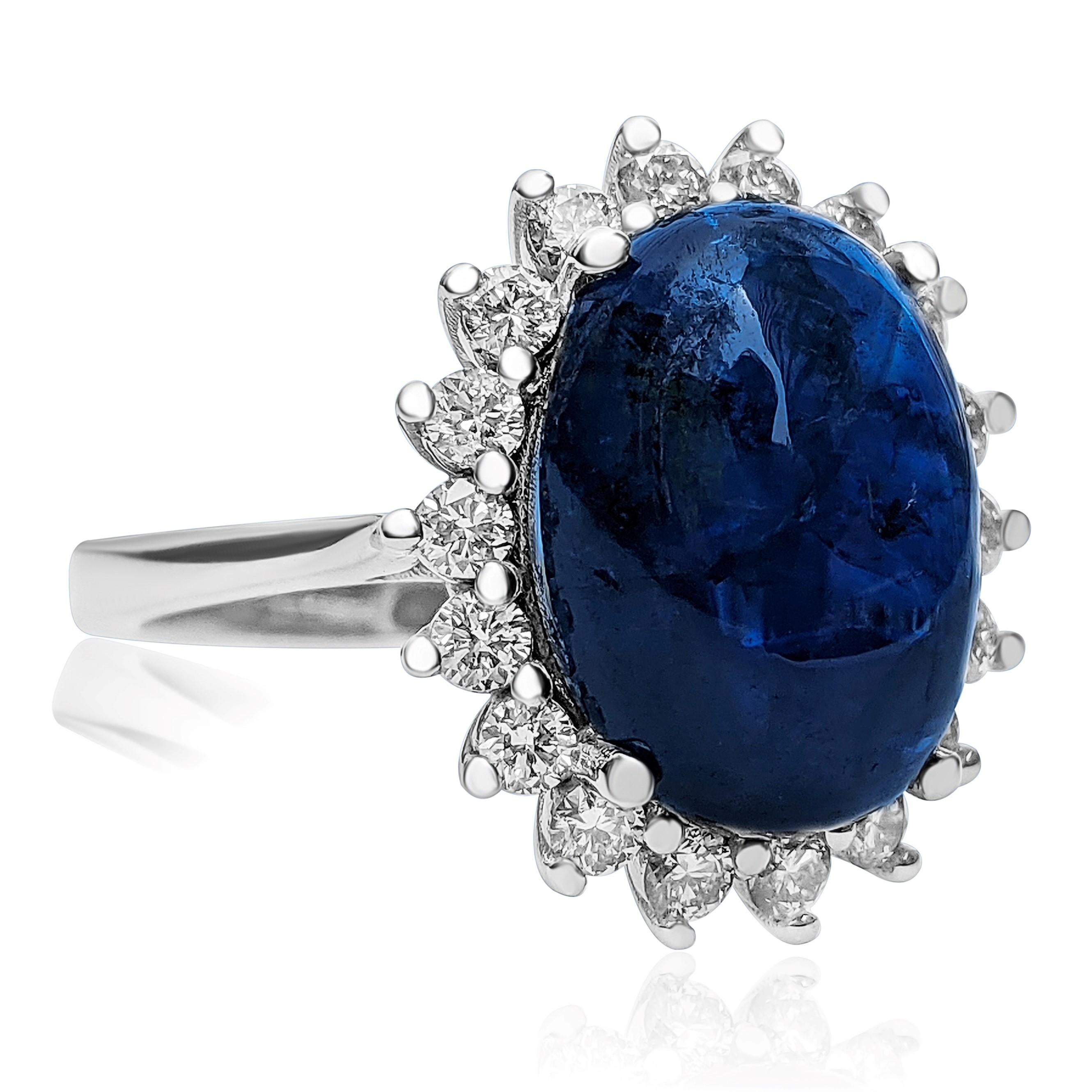 Women's 9.62 Carat Blue Sapphire and 0.70 Ct Diamonds Ring, 14 Kt, White Gold, Ring