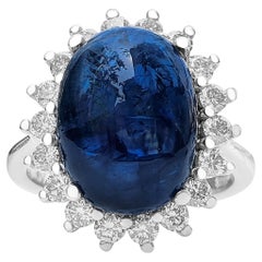 9.62 Carat Blue Sapphire and 0.70 Ct Diamonds Ring, 14 Kt, White Gold, Ring