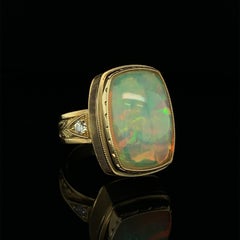 9.62 Carat Opal Cushion and Diamond Cocktail Ring in Hand-Engraved Yellow Gold