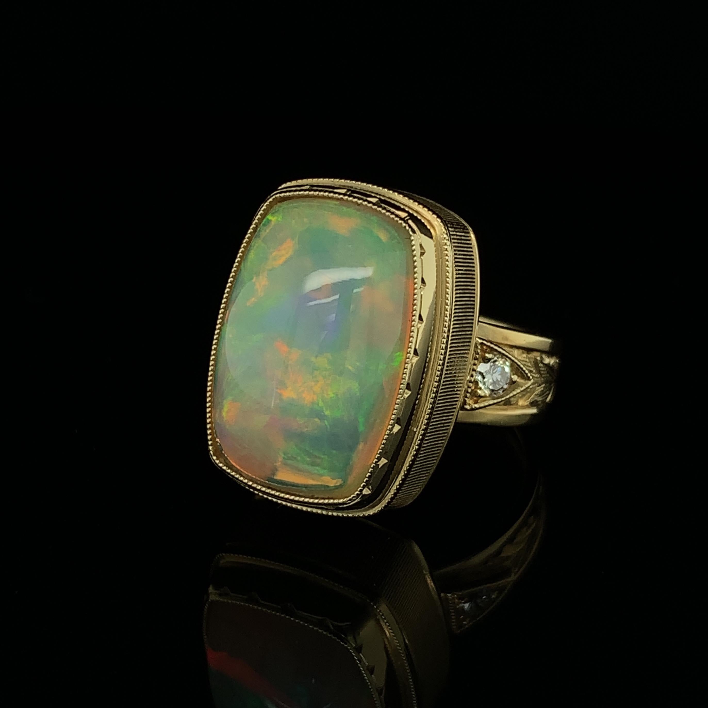 Cushion Cut 9.62 Carat Opal Cushion and Diamond Cocktail Ring in Hand-Engraved Yellow Gold For Sale