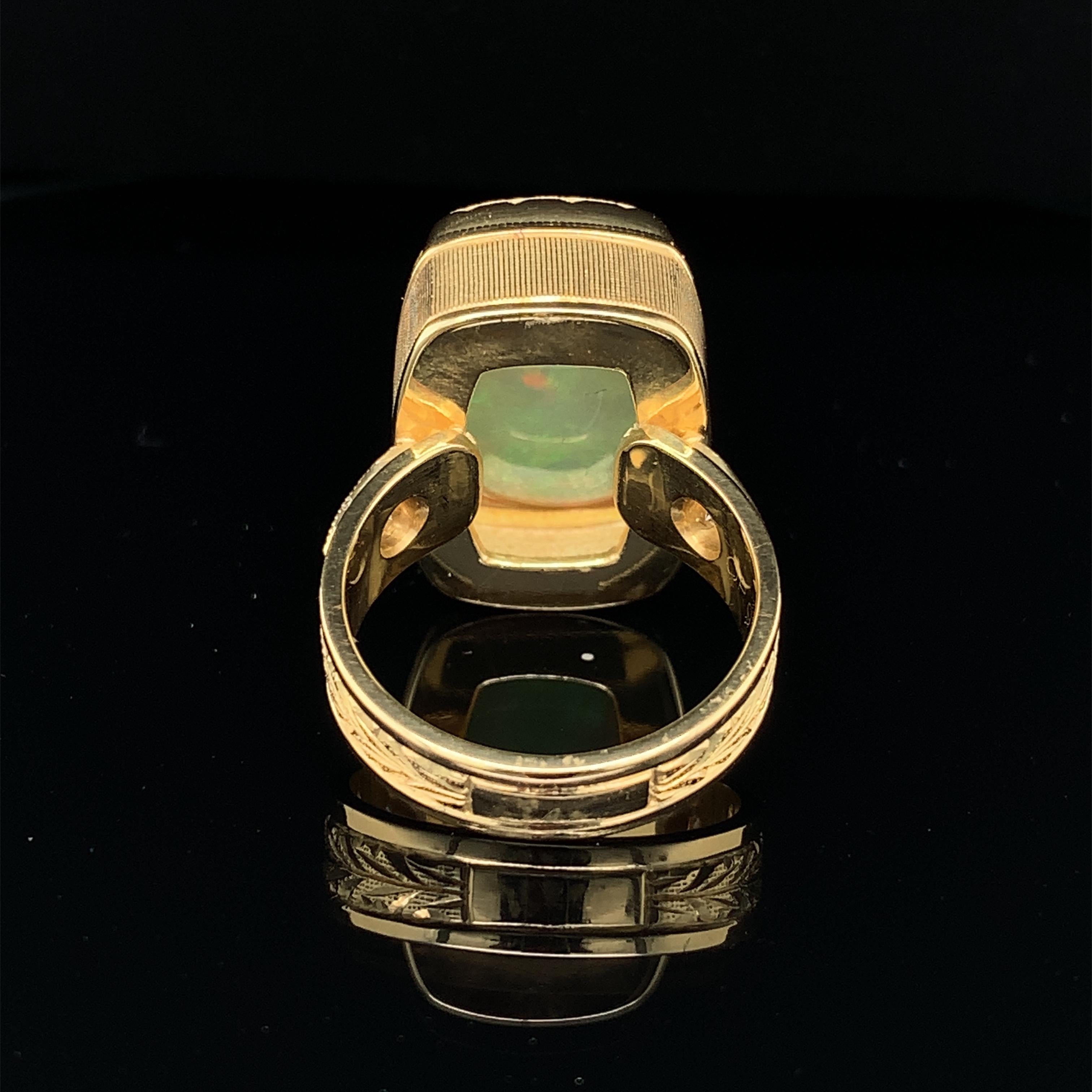 9.62 Carat Opal Cushion and Diamond Cocktail Ring in Hand-Engraved Yellow Gold In New Condition For Sale In Los Angeles, CA