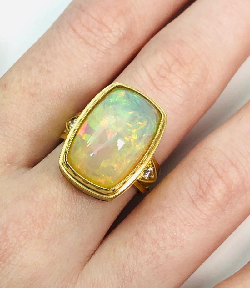 9.62 Carat Opal Cushion and Diamond Cocktail Ring in Hand-Engraved Yellow Gold For Sale 3