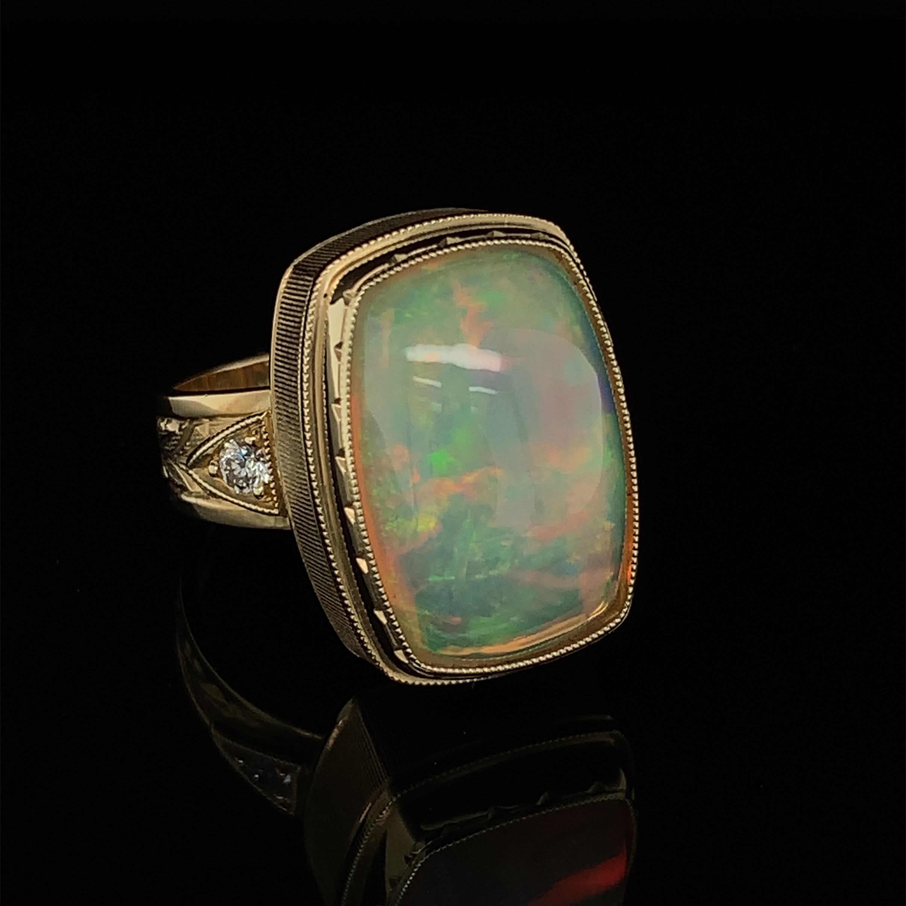 Women's or Men's 9.62 Carat Opal Cushion and Diamond Cocktail Ring in Hand-Engraved Yellow Gold For Sale