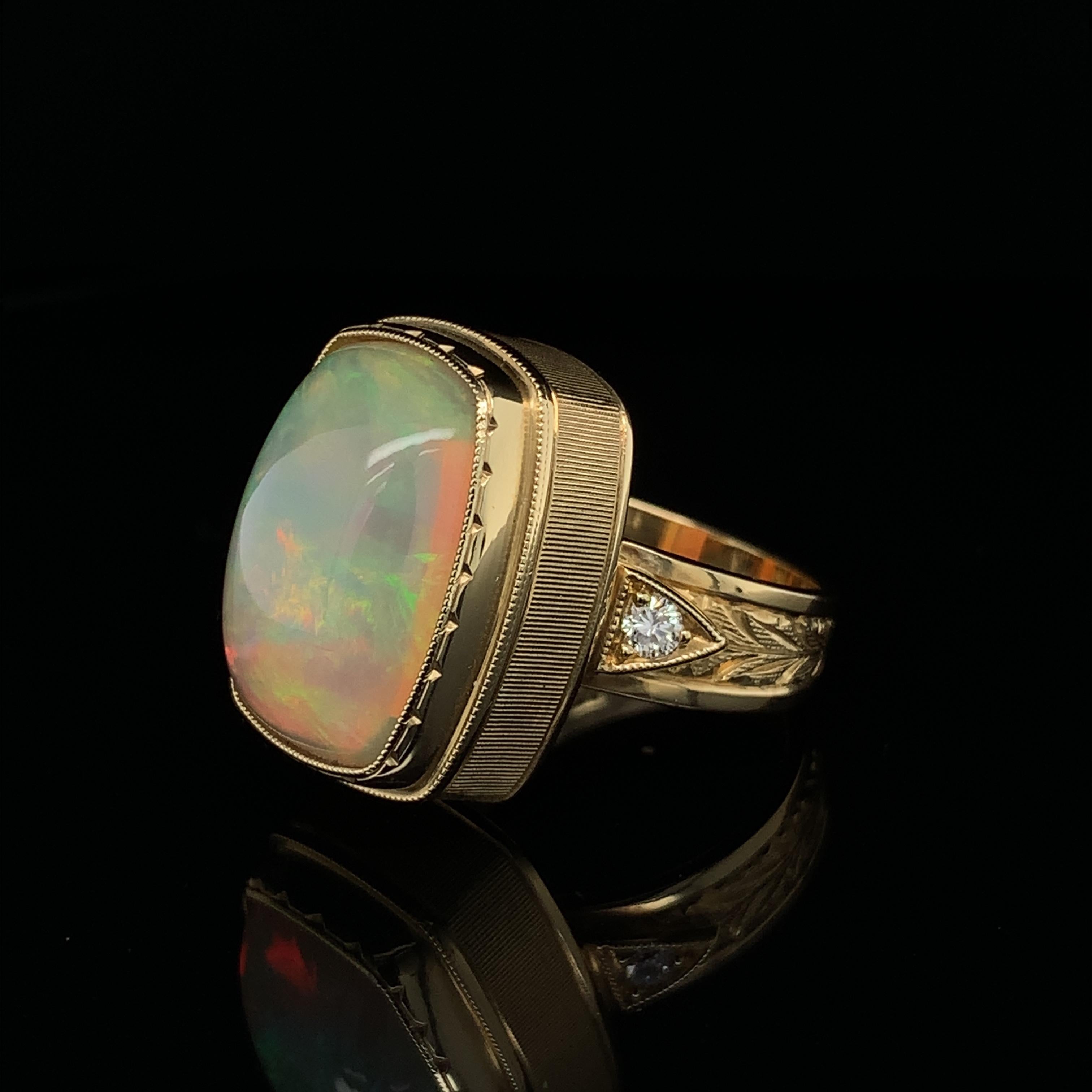 9.62 Carat Opal Cushion and Diamond Cocktail Ring in Hand-Engraved Yellow Gold For Sale 1